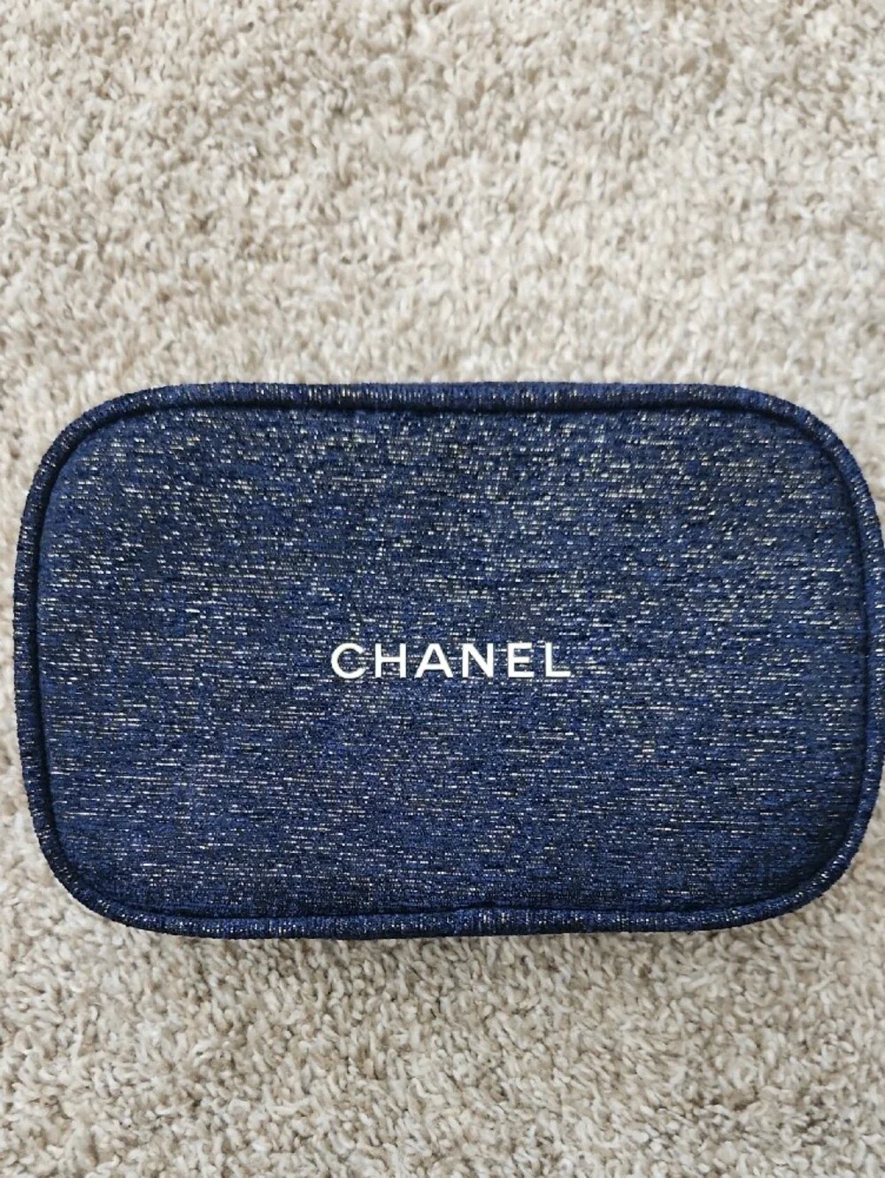 CHANEL Navy Glitter Zip Cosmetic Case with White Logo